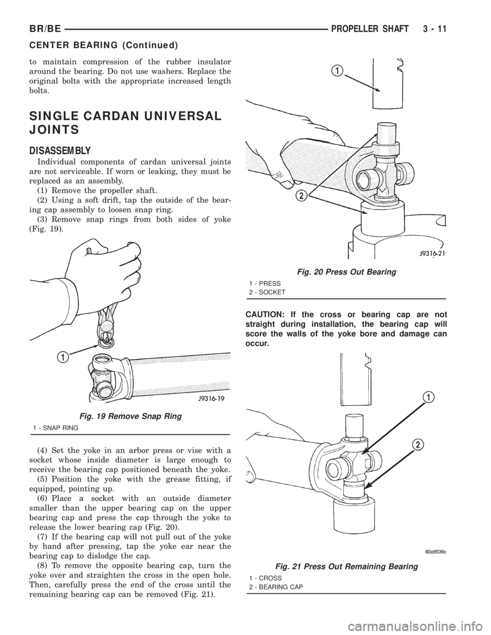 DODGE RAM 2001  Service Repair Manual to maintain compression of the rubber insulator
around the bearing. Do not use washers. Replace the
original bolts with the appropriate increased length
bolts.
SINGLE CARDAN UNIVERSAL
JOINTS
DISASSEMB