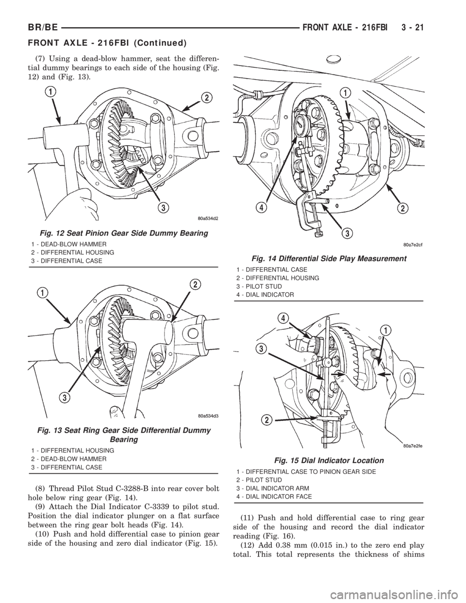 DODGE RAM 2001 Service Repair Manual (7) Using a dead-blow hammer, seat the differen-
tial dummy bearings to each side of the housing (Fig.
12) and (Fig. 13).
(8) Thread Pilot Stud C-3288-B into rear cover bolt
hole below ring gear (Fig. DODGE RAM 2001 Service Repair Manual (7) Using a dead-blow hammer, seat the differen-
tial dummy bearings to each side of the housing (Fig.
12) and (Fig. 13).
(8) Thread Pilot Stud C-3288-B into rear cover bolt
hole below ring gear (Fig.