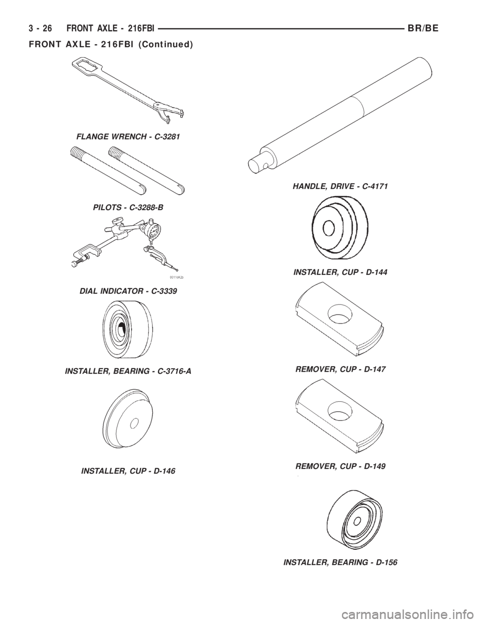 DODGE RAM 2001  Service Repair Manual FLANGE WRENCH - C-3281
PILOTS - C-3288-B
DIAL INDICATOR - C-3339
INSTALLER, BEARING - C-3716-A
INSTALLER, CUP - D-146
HANDLE, DRIVE - C-4171
INSTALLER, CUP - D-144
REMOVER, CUP - D-147
REMOVER, CUP - 