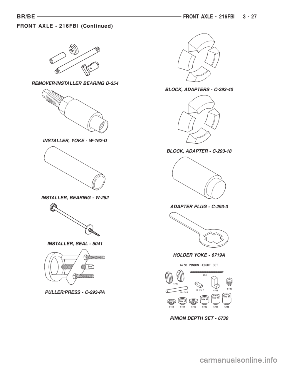 DODGE RAM 2001  Service Repair Manual REMOVER/INSTALLER BEARING D-354
INSTALLER, YOKE - W-162-D
INSTALLER, BEARING - W-262
INSTALLER, SEAL - 5041
PULLER/PRESS - C-293-PA
BLOCK, ADAPTERS - C-293-40
BLOCK, ADAPTER - C-293-18
ADAPTER PLUG - 