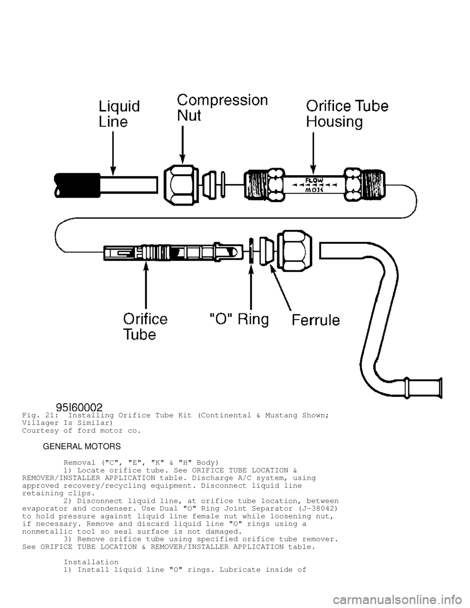 DODGE RAM 1999  Service Repair Manual Fig. 21:  Installing Orifice Tube Kit (Continental & Mustang Shown;
Villager Is Similar)
Courtesy of ford motor co.
         GENERAL MOTORS
          Removal ("C", "E", "K" & "H" Body)
         1) Loc
