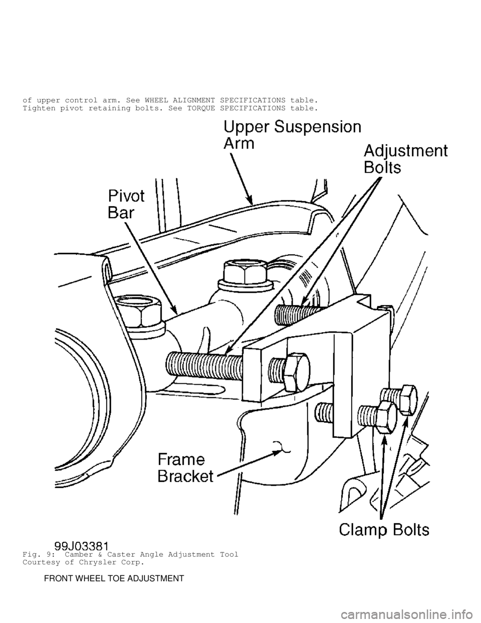 DODGE RAM 1999  Service Repair Manual of upper control arm. See WHEEL ALIGNMENT SPECIFICATIONS table.
Tighten pivot retaining bolts. See TORQUE SPECIFICATIONS table.
Fig. 9:  Camber & Caster Angle Adjustment Tool
Courtesy of Chrysler Corp
