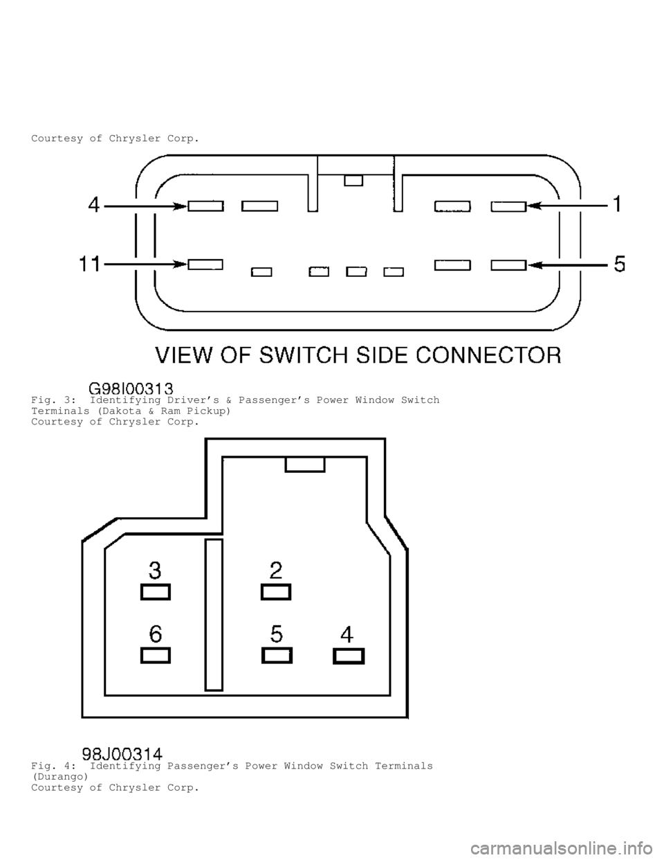 DODGE RAM 1999  Service Repair Manual Courtesy of Chrysler Corp.
Fig. 3:  Identifying Drivers & Passengers Power Window Switch
Terminals (Dakota & Ram Pickup)
Courtesy of Chrysler Corp.
Fig. 4:  Identifying Passengers Power Window Swit