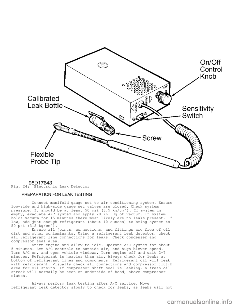 DODGE RAM 1999  Service Repair Manual Fig. 24:  Electronic Leak Detector
         PREPARATION FOR LEAK TESTING
         Connect manifold gauge set to air conditioning system. Ensure
low-side and high-side gauge set valves are closed. Chec