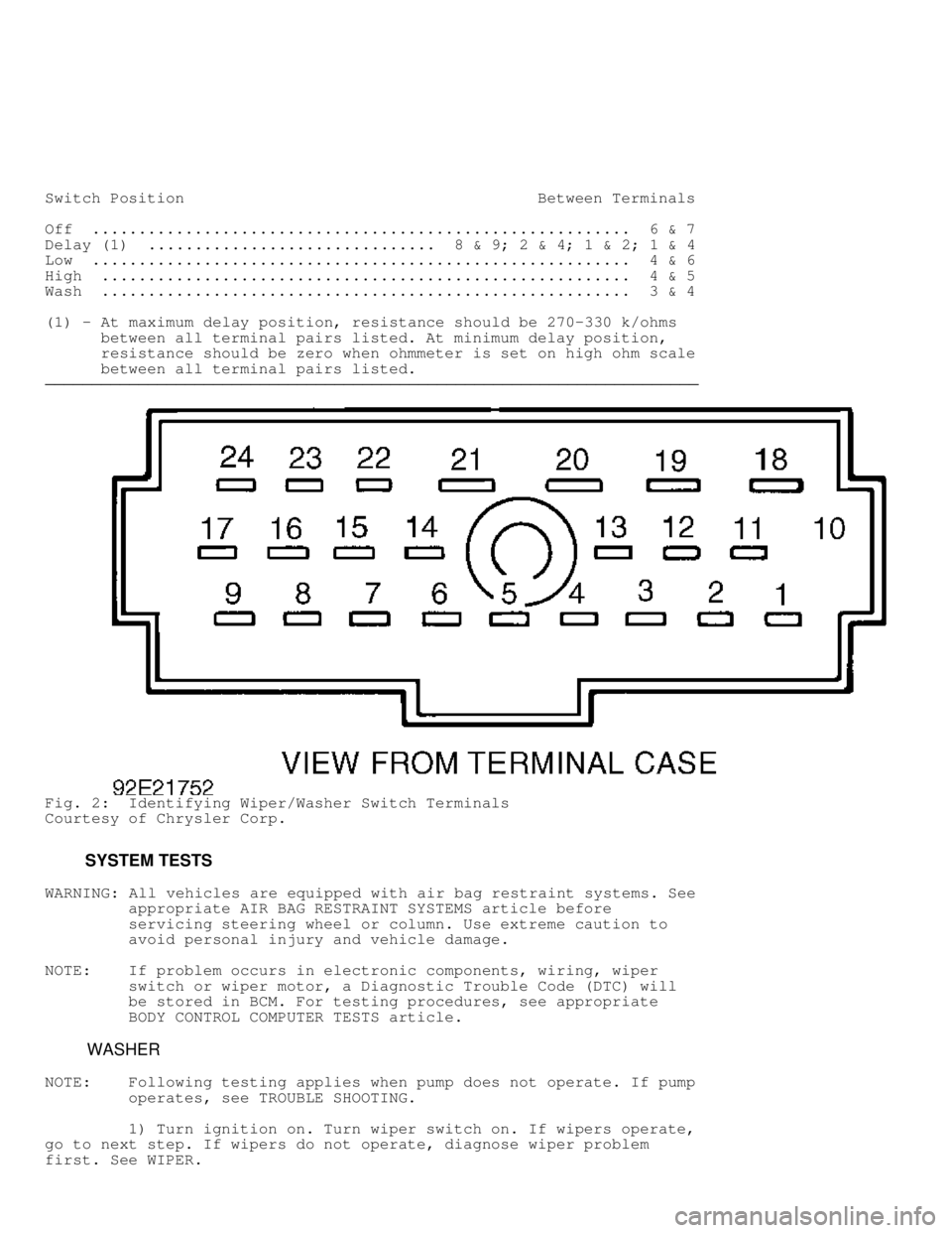 DODGE RAM 1999  Service Repair Manual Switch Position                                      Between Terminals
Off  ..........................................................  6 & 7
Delay (1)  ...............................  8 & 9; 2 & 4; 