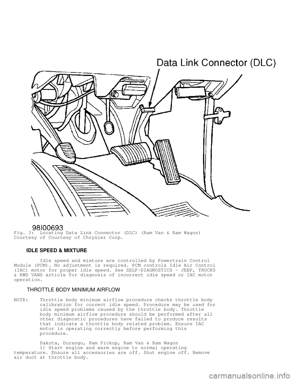 DODGE RAM 1999  Service Repair Manual Fig. 3:  Locating Data Link Connector (DLC) (Ram Van & Ram Wagon)
Courtesy of Courtesy of Chrysler Corp.
         IDLE SPEED & MIXTURE
         Idle speed and mixture are controlled by Powertrain Cont