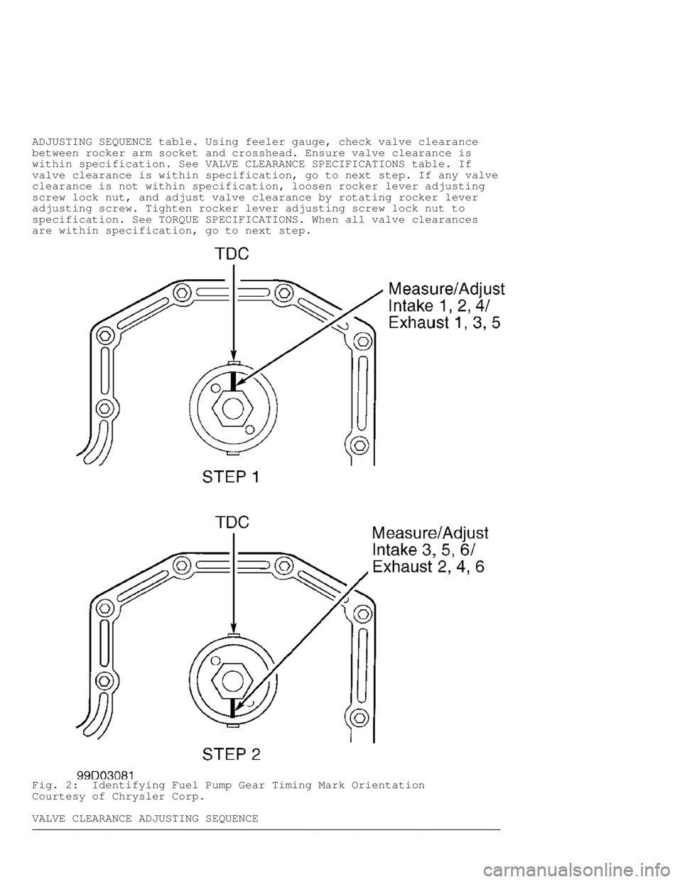 DODGE RAM 1999  Service Repair Manual ADJUSTING SEQUENCE table. Using feeler gauge, check valve clearance
between rocker arm socket and crosshead. Ensure valve clearance is
within specification. See VALVE CLEARANCE SPECIFICATIONS table. I