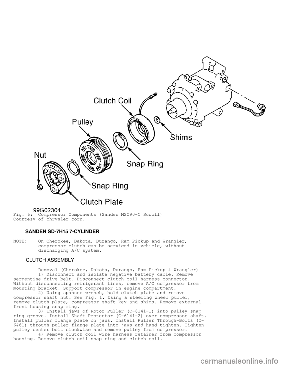 DODGE RAM 1999  Service Repair Manual Fig. 6:  Compressor Components (Sanden MSC90-C Scroll)
Courtesy of chrysler corp.
         SANDEN SD-7H15 7-CYLINDER
NOTE:    On Cherokee, Dakota, Durango, Ram Pickup and Wrangler,
         compressor