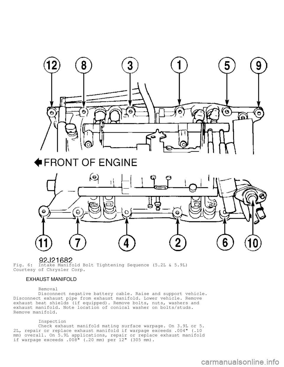 DODGE RAM 1999  Service Repair Manual Fig. 6:  Intake Manifold Bolt Tightening Sequence (5.2L & 5.9L)
Courtesy of Chrysler Corp.
         EXHAUST MANIFOLD
          Removal
         Disconnect negative battery cable. Raise and support veh