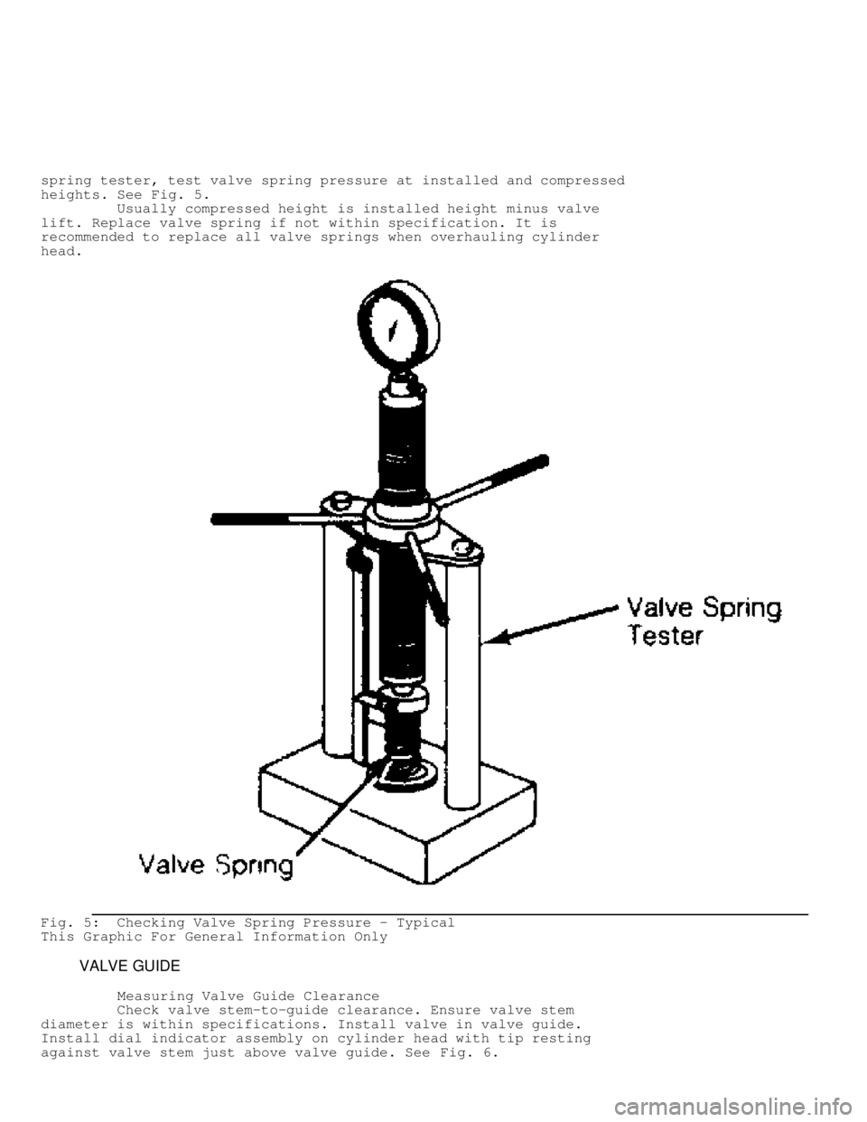 DODGE RAM 1999  Service Repair Manual spring tester, test valve spring pressure at installed and compressed
heights. See Fig. 5.
         Usually compressed height is installed height minus valve
lift. Replace valve spring if not within s