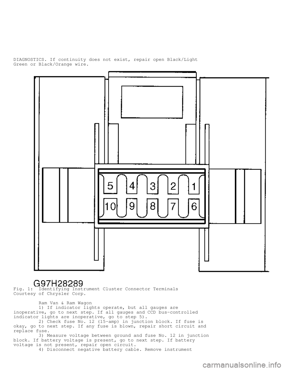 DODGE RAM 1999  Service Repair Manual DIAGNOSTICS. If continuity does not exist, repair open Black/Light
Green or Black/Orange wire.
Fig. 1:  Identifying Instrument Cluster Connector Terminals
Courtesy of Chrysler Corp.
         Ram Van &