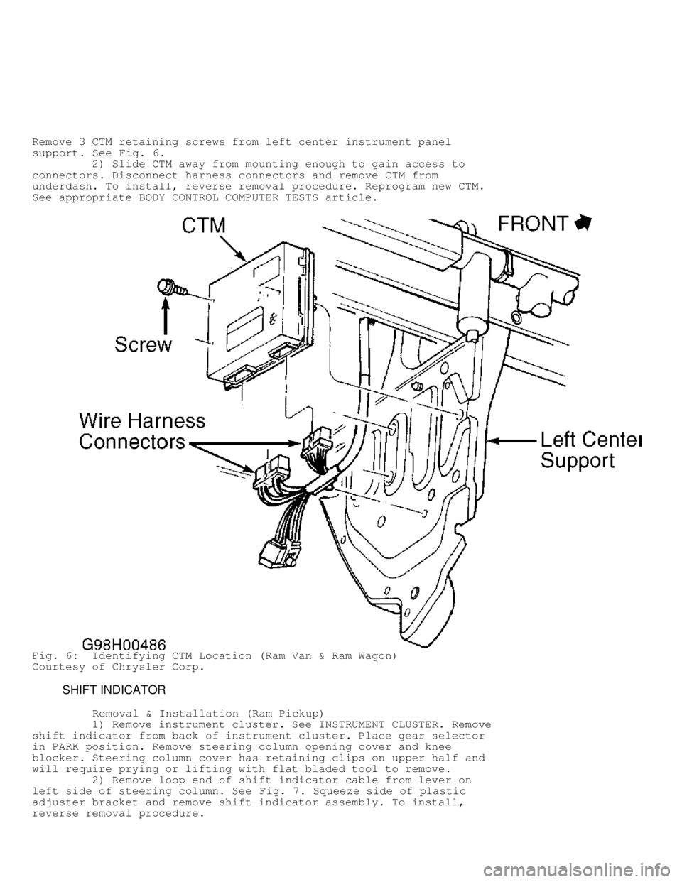 DODGE RAM 1999 Service Repair Manual Remove 3 CTM retaining screws from left center instrument panel
support. See Fig. 6.
2) Slide CTM away from mounting enough to gain access to
connectors. Disconnect harness connectors and rem DODGE RAM 1999 Service Repair Manual Remove 3 CTM retaining screws from left center instrument panel
support. See Fig. 6.
2) Slide CTM away from mounting enough to gain access to
connectors. Disconnect harness connectors and rem