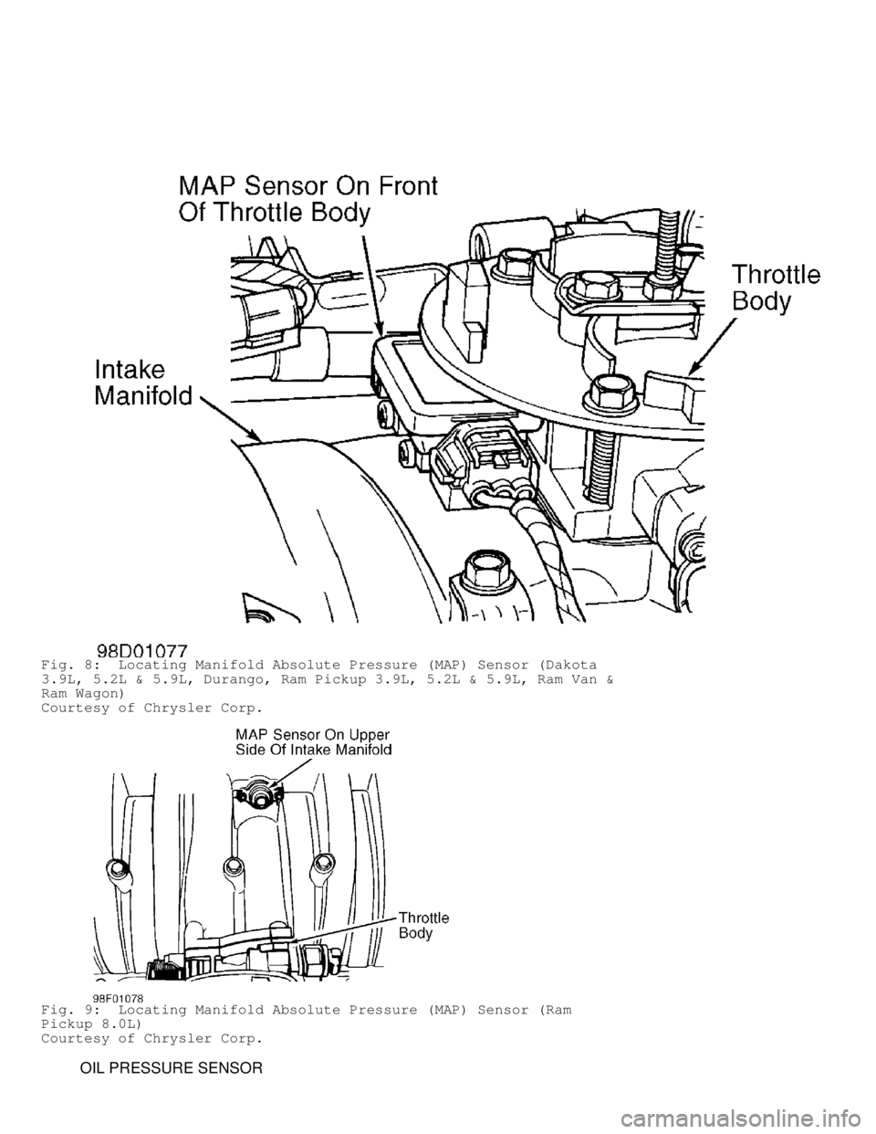 DODGE RAM 1999  Service Repair Manual Fig. 8:  Locating Manifold Absolute Pressure (MAP) Sensor (Dakota
3.9L, 5.2L & 5.9L, Durango, Ram Pickup 3.9L, 5.2L & 5.9L, Ram Van &
Ram Wagon)
Courtesy of Chrysler Corp.
Fig. 9:  Locating Manifold A
