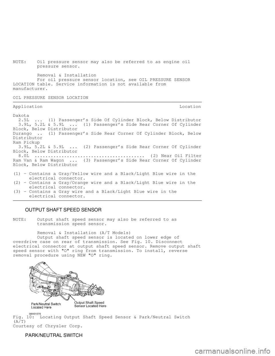 DODGE RAM 1999  Service Repair Manual NOTE:    Oil pressure sensor may also be referred to as engine oil
         pressure sensor.
         Removal & Installation
         For oil pressure sensor location, see OIL PRESSURE SENSOR
LOCATION