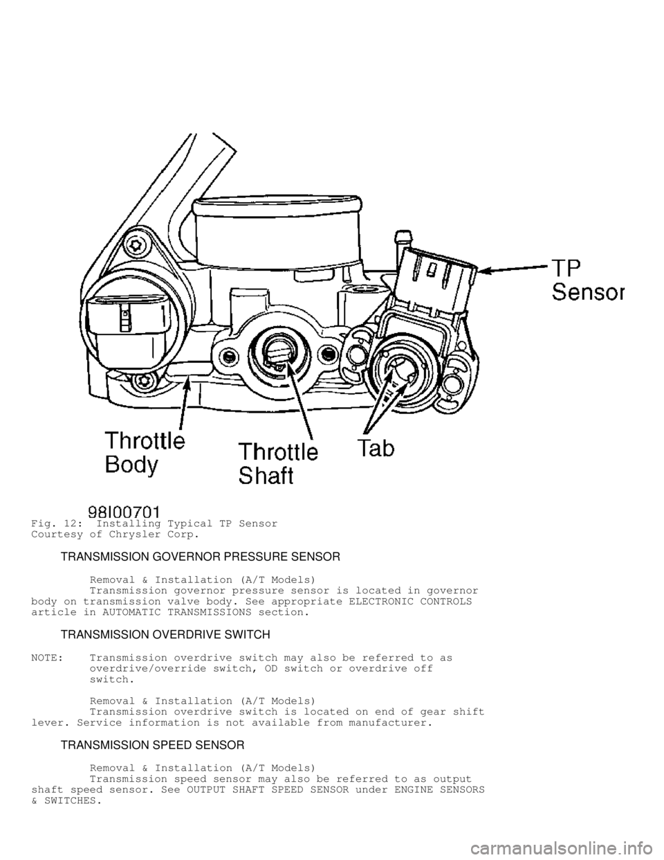 DODGE RAM 1999  Service Repair Manual Fig. 12:  Installing Typical TP Sensor
Courtesy of Chrysler Corp.
         TRANSMISSION GOVERNOR PRESSURE SENSOR
          Removal & Installation (A/T Models)
         Transmission governor pressure s