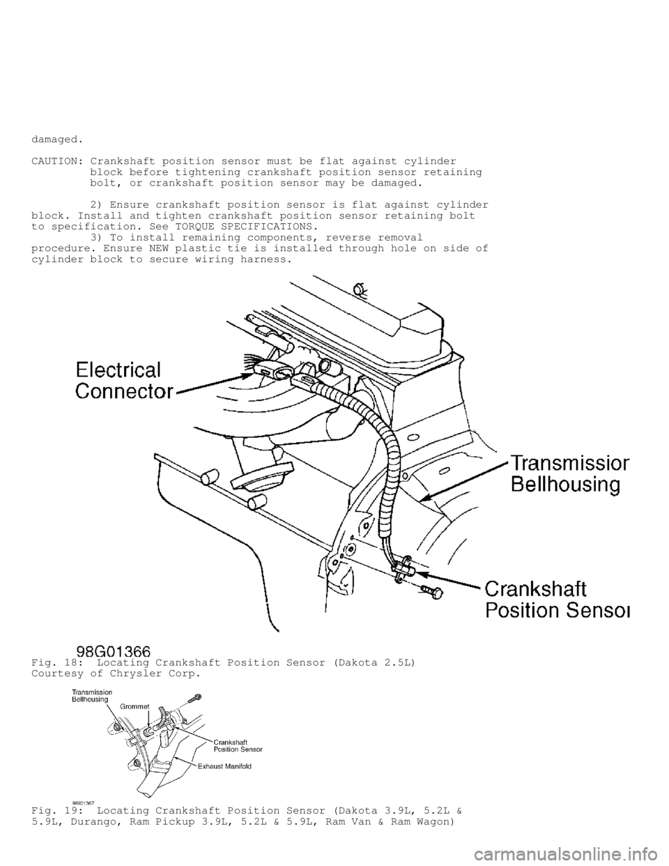 DODGE RAM 1999  Service Repair Manual damaged.
CAUTION: Crankshaft position sensor must be flat against cylinder
         block before tightening crankshaft position sensor retaining
         bolt, or crankshaft position sensor may be dam