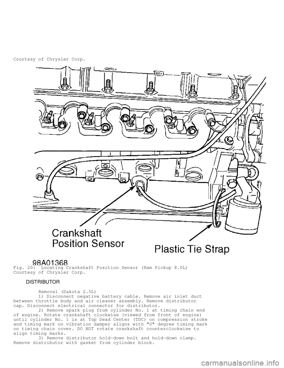 DODGE RAM 1999  Service Repair Manual Courtesy of Chrysler Corp.
Fig. 20:  Locating Crankshaft Position Sensor (Ram Pickup 8.0L)
Courtesy of Chrysler Corp.
         DISTRIBUTOR
          Removal (Dakota 2.5L)
         1) Disconnect negati