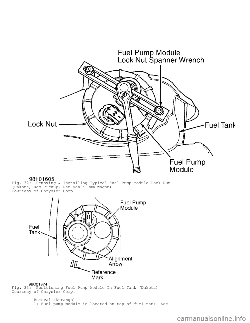 DODGE RAM 1999  Service Repair Manual Fig. 32:  Removing & Installing Typical Fuel Pump Module Lock Nut
(Dakota, Ram Pickup, Ram Van & Ram Wagon)
Courtesy of Chrysler Corp.
Fig. 33:  Positioning Fuel Pump Module In Fuel Tank (Dakota)
Cour