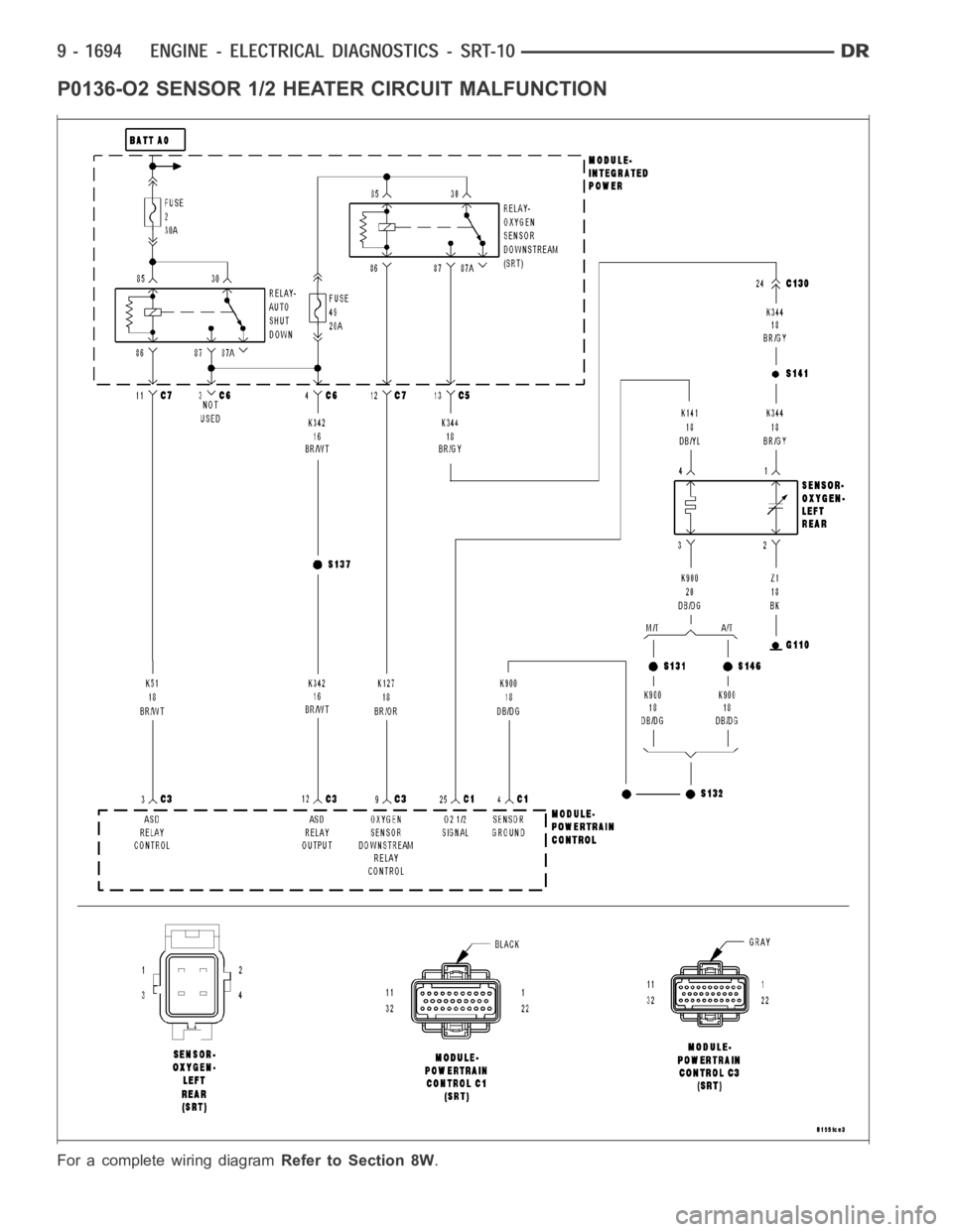 DODGE RAM SRT-10 2006  Service Repair Manual P0136-O2 SENSOR 1/2 HEATER CIRCUIT MALFUNCTION
For a complete wiring diagramRefer to Section 8W. 