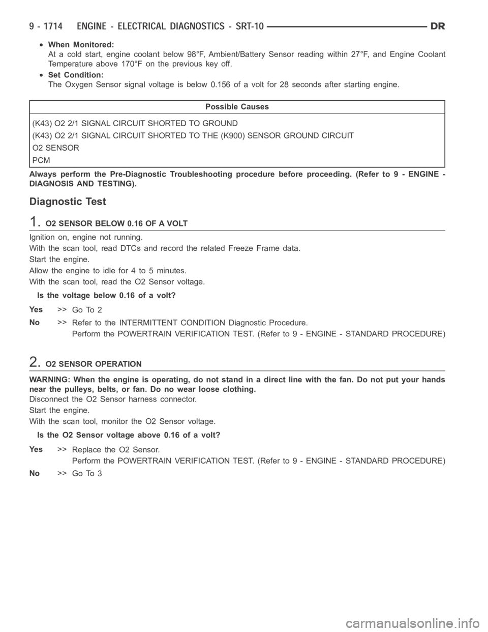 DODGE RAM SRT-10 2006 Service Repair Manual When Monitored:
At a cold start, engine coolant below 98°F, Ambient/Battery Sensor readingwithin27°F,andEngineCoolant
Temperature above 170°F on the previous key off.
Set Condition:
The Oxygen Sens DODGE RAM SRT-10 2006 Service Repair Manual When Monitored:
At a cold start, engine coolant below 98°F, Ambient/Battery Sensor readingwithin27°F,andEngineCoolant
Temperature above 170°F on the previous key off.
Set Condition:
The Oxygen Sens