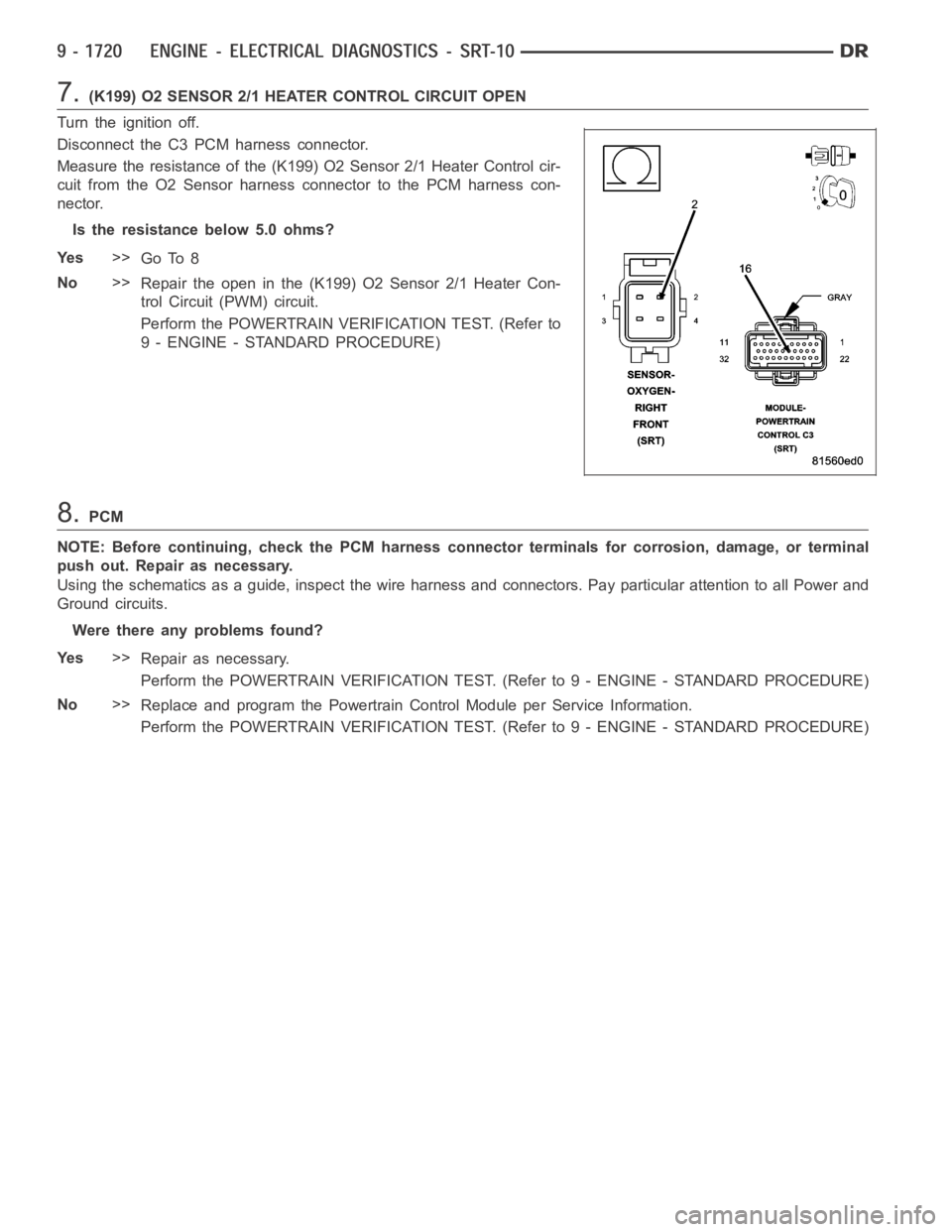 DODGE RAM SRT-10 2006 Service Repair Manual 7.(K199) O2 SENSOR 2/1 HEATER CONTROL CIRCUIT OPEN
Turn the ignition off.
Disconnect the C3 PCM harness connector.
Measure the resistance of the (K199) O2 Sensor 2/1 Heater Control cir-
cuit from the DODGE RAM SRT-10 2006 Service Repair Manual 7.(K199) O2 SENSOR 2/1 HEATER CONTROL CIRCUIT OPEN
Turn the ignition off.
Disconnect the C3 PCM harness connector.
Measure the resistance of the (K199) O2 Sensor 2/1 Heater Control cir-
cuit from the