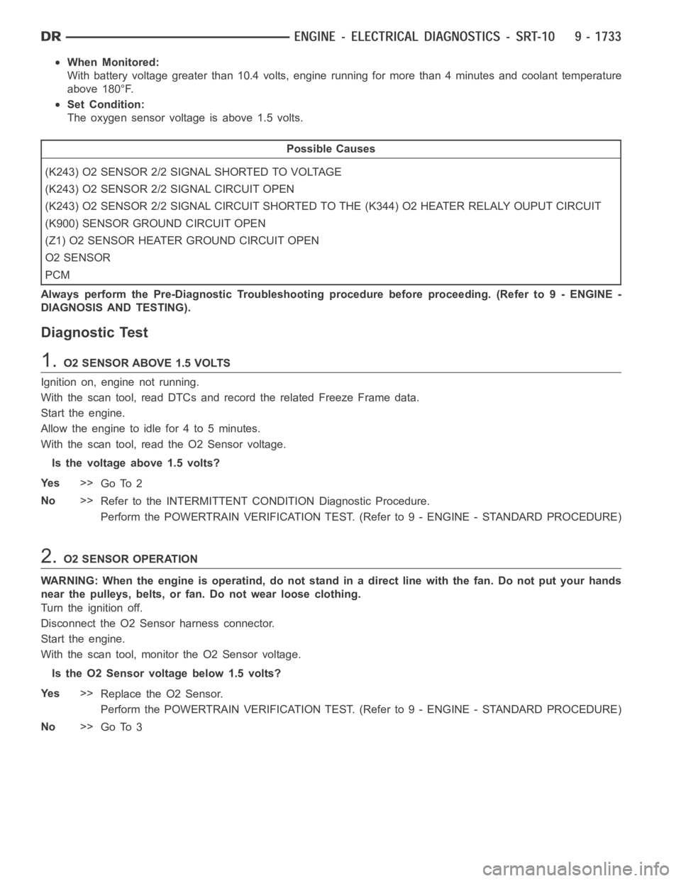 DODGE RAM SRT-10 2006 Service Repair Manual When Monitored:
With battery voltage greater than 10.4 volts, engine running for more than4 minutes and coolant temperature
above 180°F.
Set Condition:
The oxygen sensor voltage is above 1.5 volts.
P DODGE RAM SRT-10 2006 Service Repair Manual When Monitored:
With battery voltage greater than 10.4 volts, engine running for more than4 minutes and coolant temperature
above 180°F.
Set Condition:
The oxygen sensor voltage is above 1.5 volts.
P