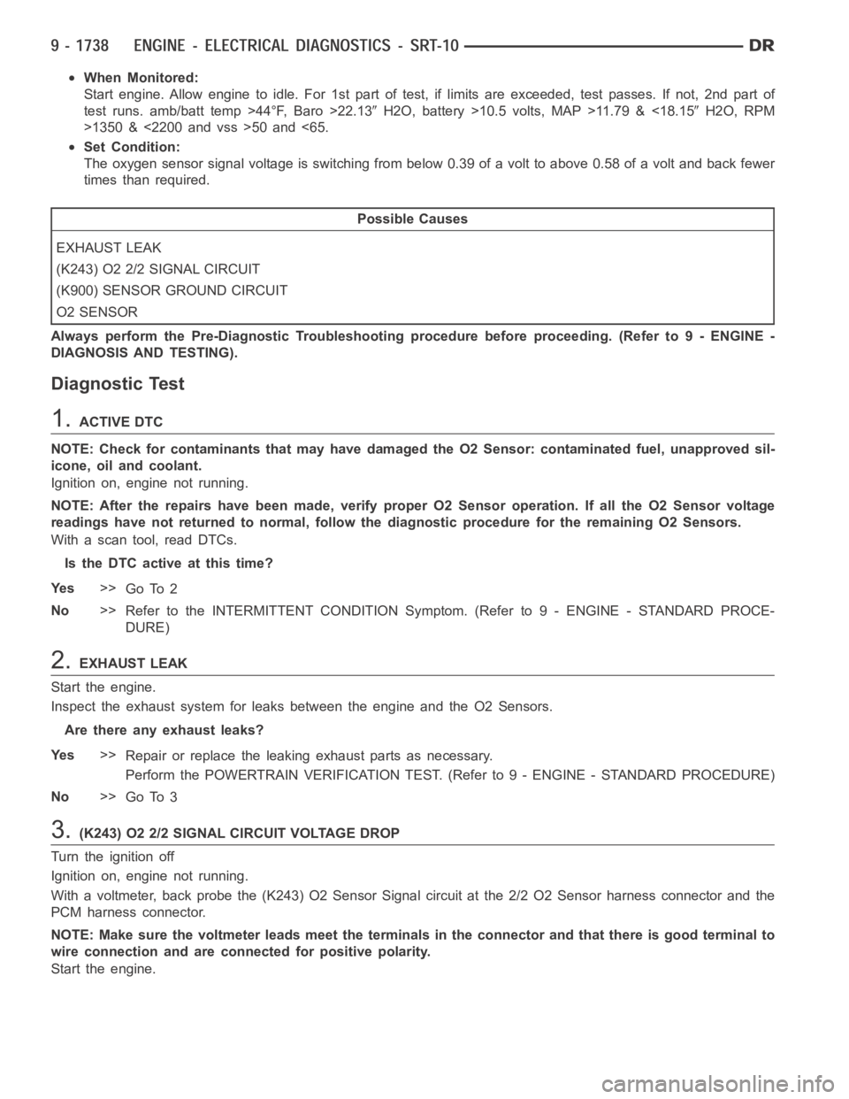 DODGE RAM SRT-10 2006 Service Repair Manual When Monitored:
Start engine. Allow engine to idle. For 1st part of test, if limits are exceeded, test passes. If not, 2nd part of
test runs. amb/batt temp >44°F, Baro >22.13
H2O, battery >10.5 volts DODGE RAM SRT-10 2006 Service Repair Manual When Monitored:
Start engine. Allow engine to idle. For 1st part of test, if limits are exceeded, test passes. If not, 2nd part of
test runs. amb/batt temp >44°F, Baro >22.13
H2O, battery >10.5 volts