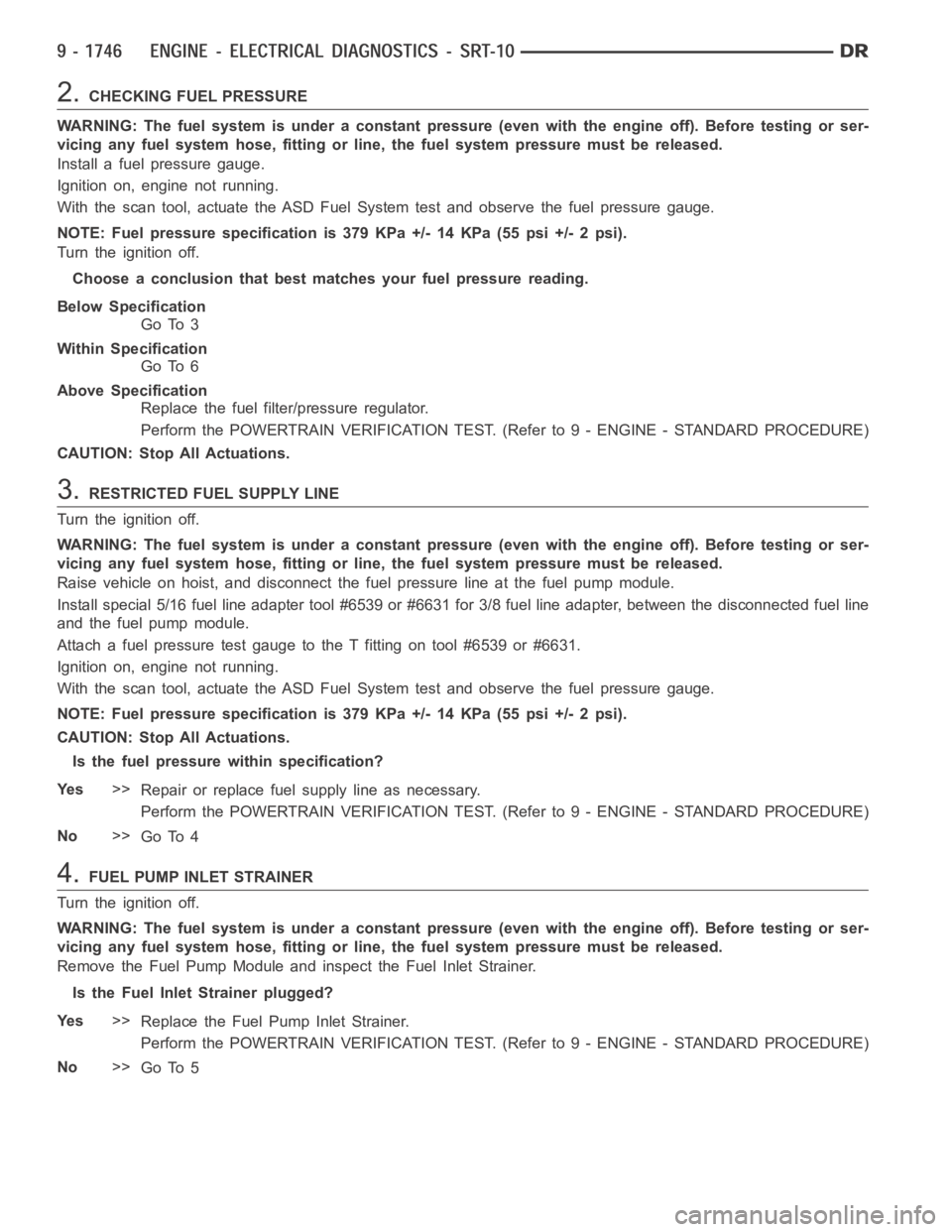 DODGE RAM SRT-10 2006  Service Repair Manual 2.CHECKING FUEL PRESSURE
WARNING: The fuel system is under a constant pressure (even with the engineoff). Before testing or ser-
vicing any fuel system hose, fitting or line, the fuel system pressure 