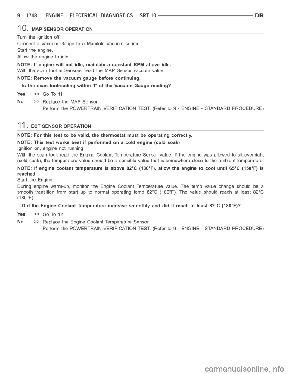 DODGE RAM SRT-10 2006 Service Repair Manual 10.MAP SENSOR OPERATION
Turn the ignition off.
Connect a Vacuum Gauge to a Manifold Vacuum source.
Start the engine.
Allow the engine to idle.
NOTE: If engine will not idle, maintain a constant RPM ab DODGE RAM SRT-10 2006 Service Repair Manual 10.MAP SENSOR OPERATION
Turn the ignition off.
Connect a Vacuum Gauge to a Manifold Vacuum source.
Start the engine.
Allow the engine to idle.
NOTE: If engine will not idle, maintain a constant RPM ab