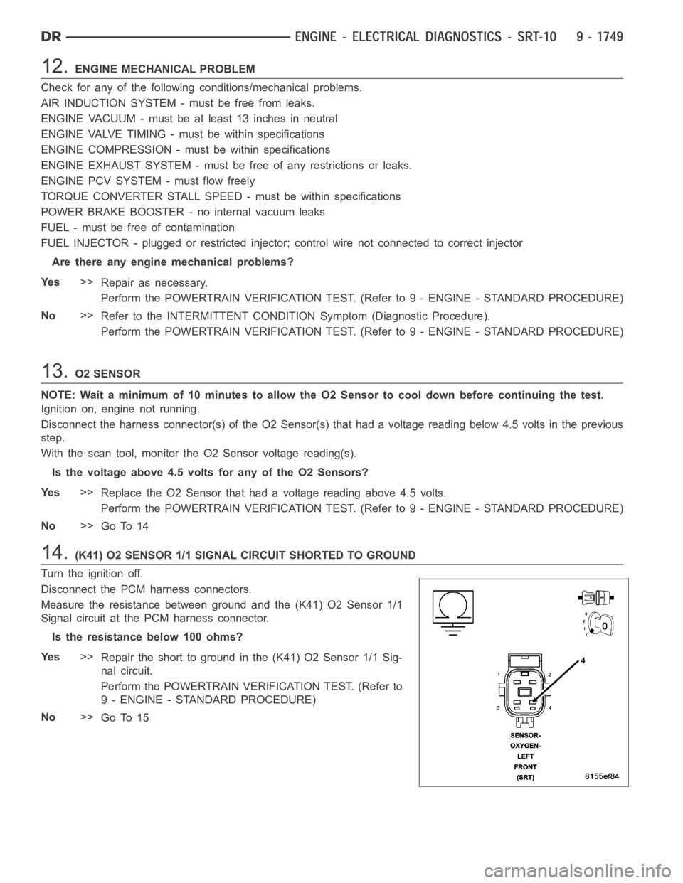 DODGE RAM SRT-10 2006  Service Repair Manual 12.ENGINE MECHANICAL PROBLEM
Check for any of the following conditions/mechanical problems.
AIR INDUCTION SYSTEM - must be free from leaks.
ENGINE VACUUM - must be at least 13 inches in neutral
ENGINE
