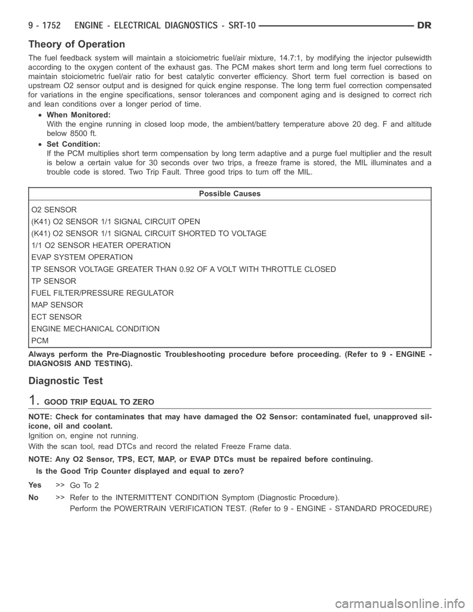 DODGE RAM SRT-10 2006  Service Repair Manual Theory of Operation
The fuel feedback system will maintain a stoiciometric fuel/air mixture,14.7:1, by modifying the injector pulsewidth
according to the oxygen content of the exhaust gas. The PCM mak