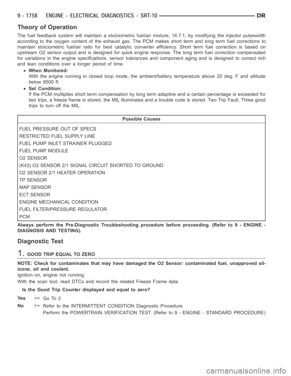 DODGE RAM SRT-10 2006  Service Repair Manual Theory of Operation
The fuel feedback system will maintain a stoiciometric fuel/air mixture,14.7:1, by modifying the injector pulsewidth
according to the oxygen content of the exhaust gas. The PCM mak