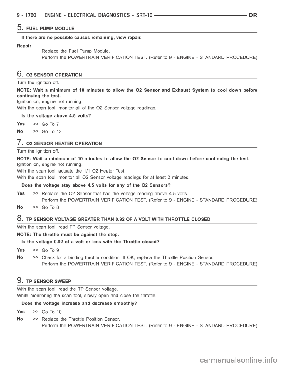 DODGE RAM SRT-10 2006  Service Repair Manual 5.FUEL PUMP MODULE
If there are no possible causes remaining, view repair.
Repair
Replace the Fuel Pump Module.
Perform the POWERTRAIN VERIFICATION TEST. (Refer to 9 - ENGINE - STANDARD PROCEDURE)
6.O
