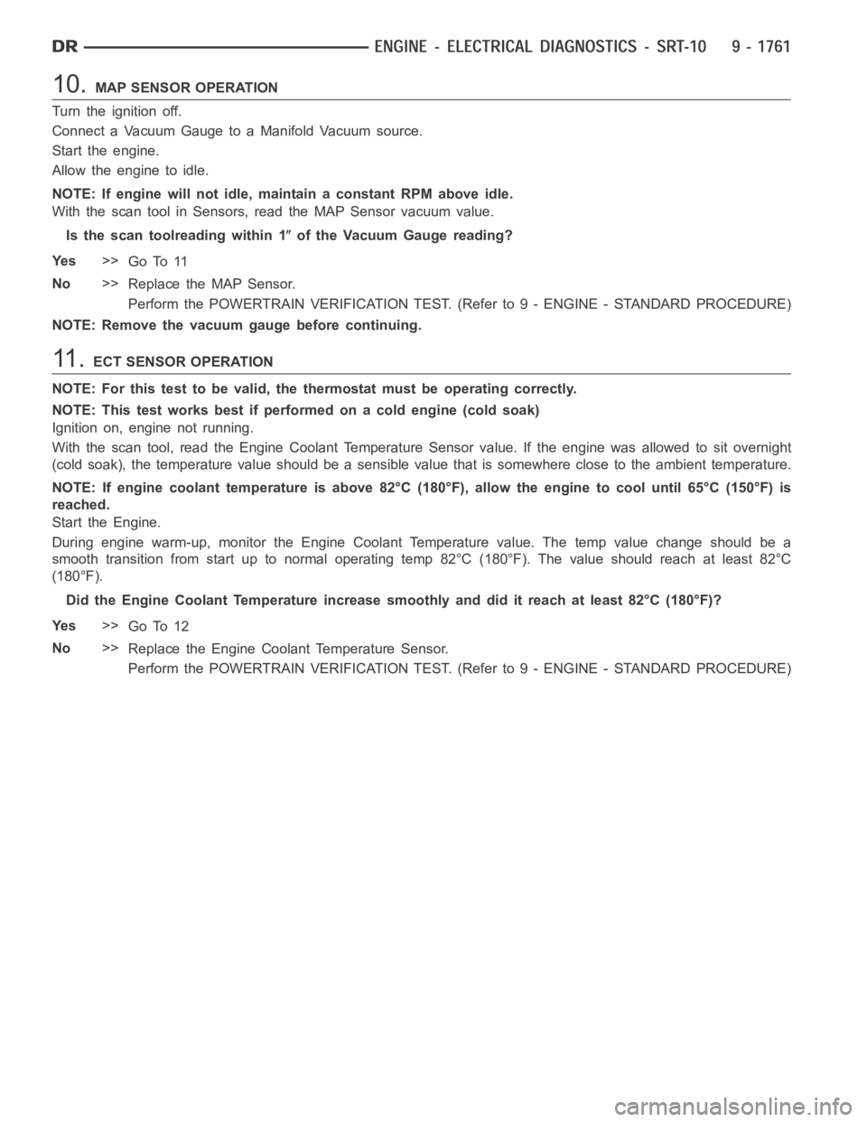 DODGE RAM SRT-10 2006  Service Repair Manual 10.MAP SENSOR OPERATION
Turn the ignition off.
Connect a Vacuum Gauge to a Manifold Vacuum source.
Start the engine.
Allow the engine to idle.
NOTE: If engine will not idle, maintain a constant RPM ab