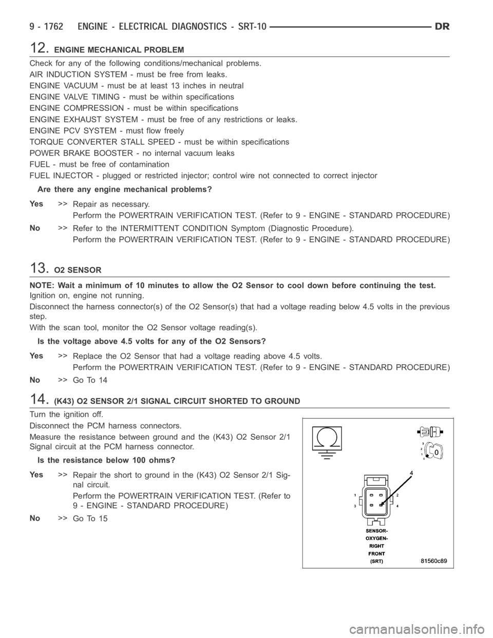 DODGE RAM SRT-10 2006  Service Repair Manual 12.ENGINE MECHANICAL PROBLEM
Check for any of the following conditions/mechanical problems.
AIR INDUCTION SYSTEM - must be free from leaks.
ENGINE VACUUM - must be at least 13 inches in neutral
ENGINE