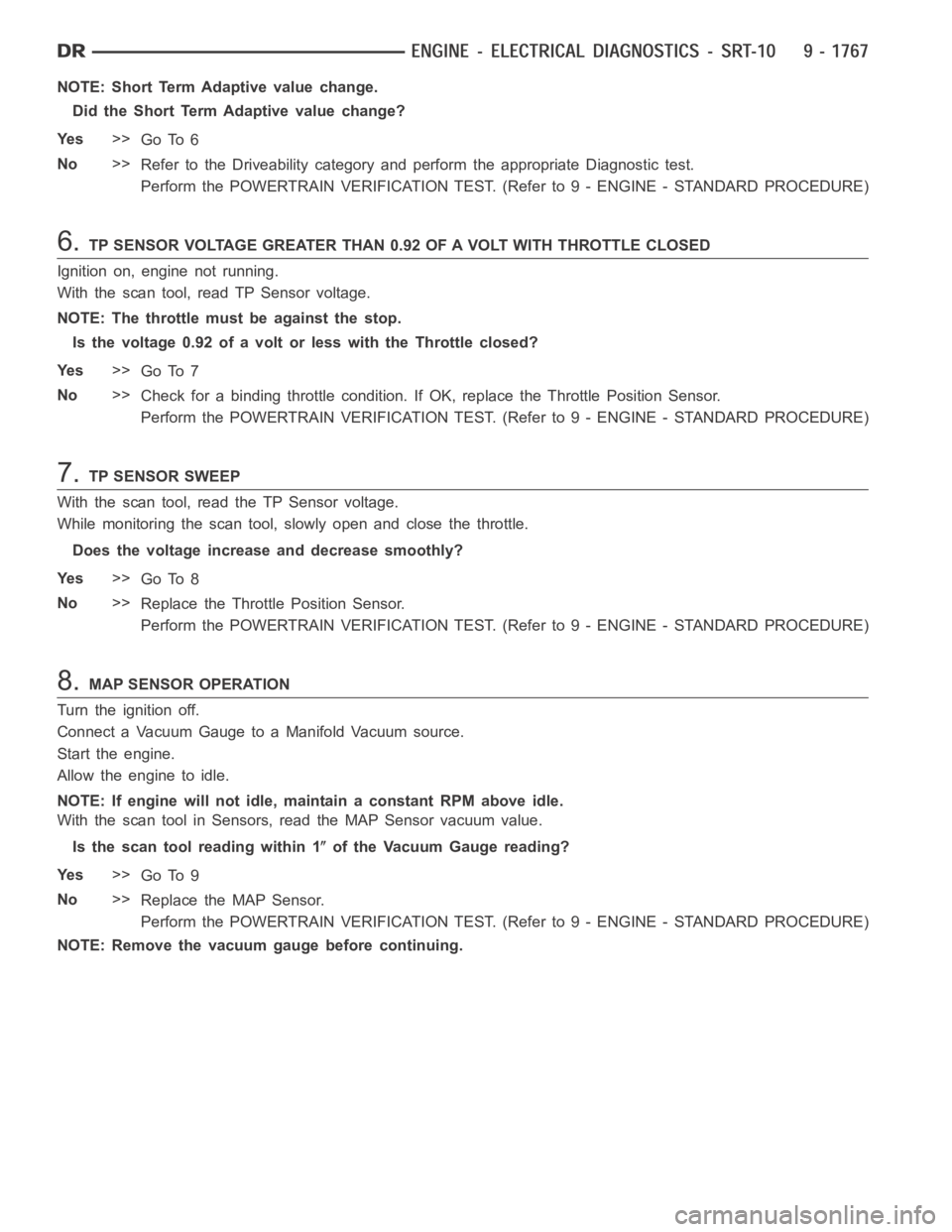 DODGE RAM SRT-10 2006  Service Repair Manual NOTE: Short Term Adaptive value change.
Did the Short Term Adaptive value change?
Ye s>>
Go To 6
No>>
Refer to the Driveability category and perform the appropriate Diagnostictest.
Perform the POWERTR