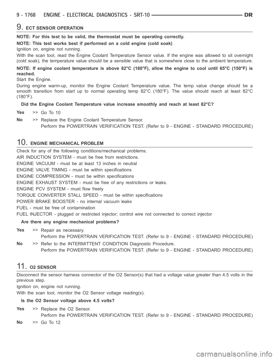 DODGE RAM SRT-10 2006  Service Repair Manual 9.ECT SENSOR OPERATION
NOTE: For this test to be valid, the thermostat must be operating correctly.
NOTE: This test works best if performed on a cold engine (cold soak)
Ignition on, engine not running