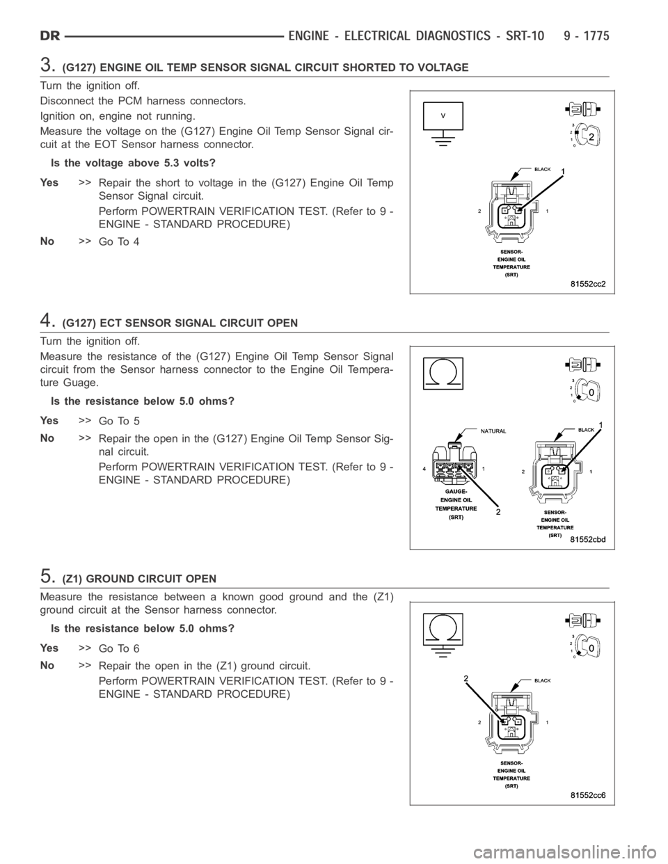 DODGE RAM SRT-10 2006 Service Repair Manual 3.(G127) ENGINE OIL TEMP SENSOR SIGNAL CIRCUIT SHORTED TO VOLTAGE
Turn the ignition off.
Disconnect the PCM harness connectors.
Ignition on, engine not running.
Measure the voltage on the (G127) Engin DODGE RAM SRT-10 2006 Service Repair Manual 3.(G127) ENGINE OIL TEMP SENSOR SIGNAL CIRCUIT SHORTED TO VOLTAGE
Turn the ignition off.
Disconnect the PCM harness connectors.
Ignition on, engine not running.
Measure the voltage on the (G127) Engin