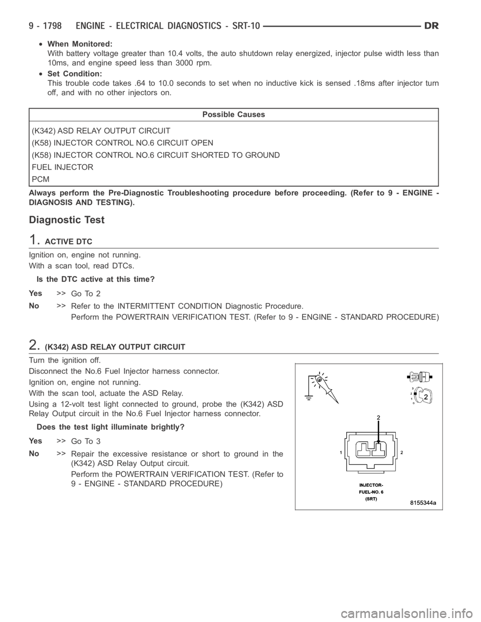 DODGE RAM SRT-10 2006 Service Repair Manual When Monitored:
With battery voltage greater than 10.4 volts, the auto shutdown relay energized, injector pulse width less than
10ms, and engine speed less than 3000 rpm.
Set Condition:
This trouble c DODGE RAM SRT-10 2006 Service Repair Manual When Monitored:
With battery voltage greater than 10.4 volts, the auto shutdown relay energized, injector pulse width less than
10ms, and engine speed less than 3000 rpm.
Set Condition:
This trouble c