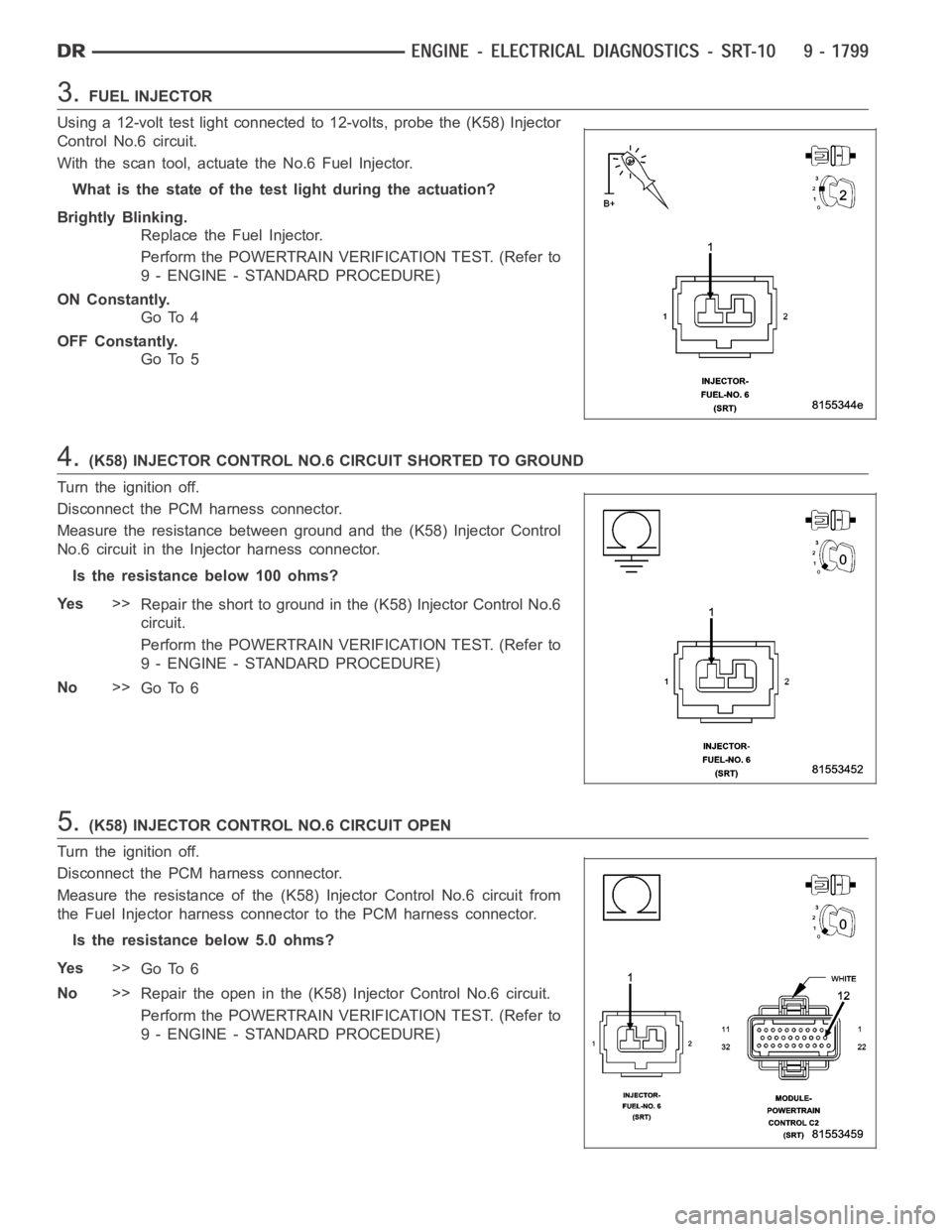 DODGE RAM SRT-10 2006 Service Repair Manual 3.FUEL INJECTOR
Using a 12-volt test light connected to 12-volts, probe the (K58) Injector
Control No.6 circuit.
With the scan tool, actuate the No.6 Fuel Injector.
What is the state of the test light DODGE RAM SRT-10 2006 Service Repair Manual 3.FUEL INJECTOR
Using a 12-volt test light connected to 12-volts, probe the (K58) Injector
Control No.6 circuit.
With the scan tool, actuate the No.6 Fuel Injector.
What is the state of the test light