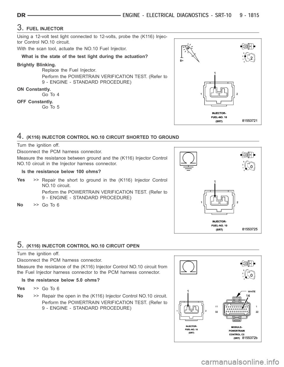 DODGE RAM SRT-10 2006 Service Repair Manual 3.FUEL INJECTOR
Using a 12-volt test light connected to 12-volts, probe the (K116) Injec-
tor Control NO.10 circuit.
With the scan tool, actuate the NO.10 Fuel Injector.
What is the state of the test DODGE RAM SRT-10 2006 Service Repair Manual 3.FUEL INJECTOR
Using a 12-volt test light connected to 12-volts, probe the (K116) Injec-
tor Control NO.10 circuit.
With the scan tool, actuate the NO.10 Fuel Injector.
What is the state of the test