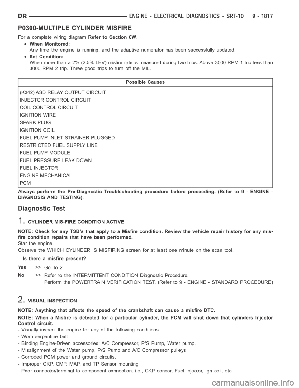 DODGE RAM SRT-10 2006 Service Repair Manual P0300-MULTIPLE CYLINDER MISFIRE
For a complete wiring diagramRefer to Section 8W.
When Monitored:
Any time the engine is running, and the adaptive numerator has been successfully updated.
Set Conditio DODGE RAM SRT-10 2006 Service Repair Manual P0300-MULTIPLE CYLINDER MISFIRE
For a complete wiring diagramRefer to Section 8W.
When Monitored:
Any time the engine is running, and the adaptive numerator has been successfully updated.
Set Conditio