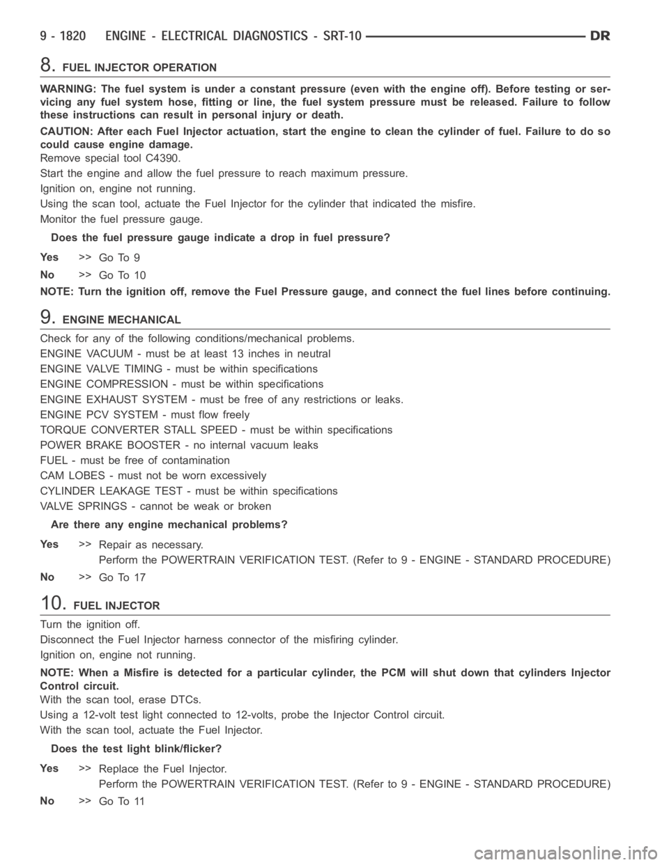 DODGE RAM SRT-10 2006  Service Repair Manual 8.FUEL INJECTOR OPERATION
WARNING: The fuel system is under a constant pressure (even with the engineoff). Before testing or ser-
vicing any fuel system hose, fitting or line, the fuel system pressure