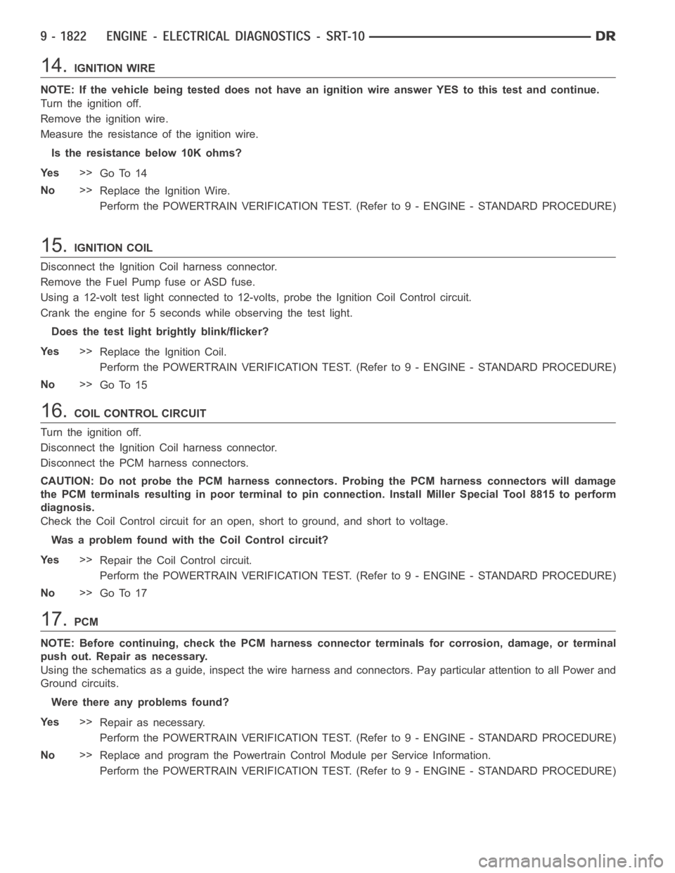 DODGE RAM SRT-10 2006 Service Repair Manual 14.IGNITION WIRE
NOTE: If the vehicle being tested does not have an ignition wire answer YES to this test and continue.
Turn the ignition off.
Remove the ignition wire.
Measure the resistance of the i DODGE RAM SRT-10 2006 Service Repair Manual 14.IGNITION WIRE
NOTE: If the vehicle being tested does not have an ignition wire answer YES to this test and continue.
Turn the ignition off.
Remove the ignition wire.
Measure the resistance of the i