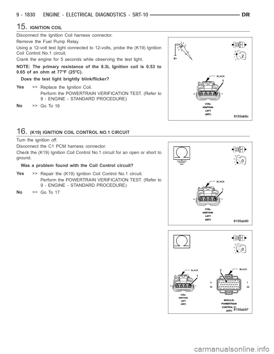 DODGE RAM SRT-10 2006  Service Repair Manual 15.IGNITION COIL
Disconnect the Ignition Coil harness connector.
Remove the Fuel Pump Relay.
Using a 12-volt test light connected to 12-volts, probe the (K19) Ignition
Coil Control No.1 circuit.
Crank