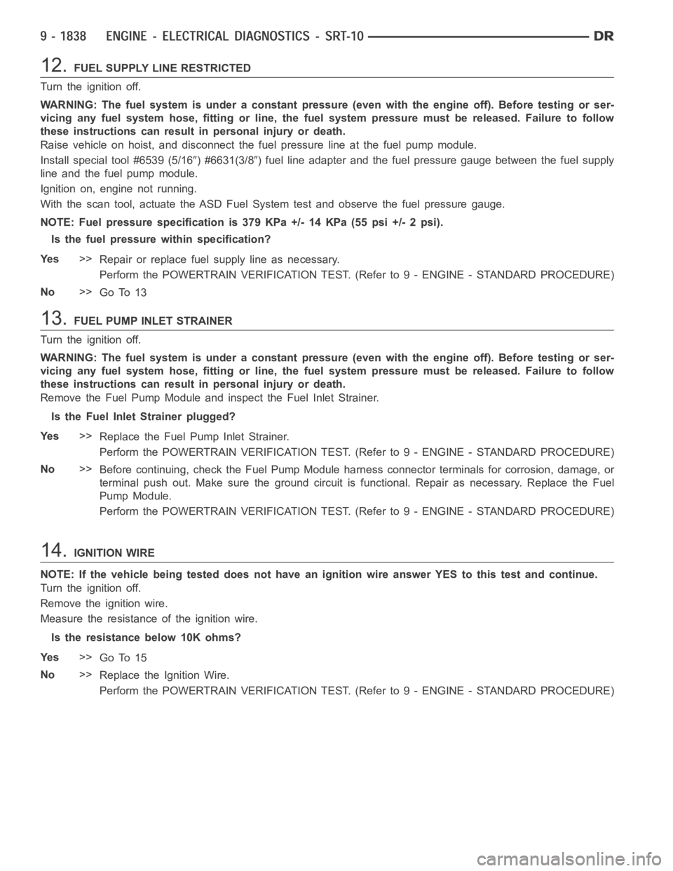 DODGE RAM SRT-10 2006 Service Repair Manual 12.FUEL SUPPLY LINE RESTRICTED
Turn the ignition off.
WARNING: The fuel system is under a constant pressure (even with the engineoff). Before testing or ser-
vicing any fuel system hose, fitting or li DODGE RAM SRT-10 2006 Service Repair Manual 12.FUEL SUPPLY LINE RESTRICTED
Turn the ignition off.
WARNING: The fuel system is under a constant pressure (even with the engineoff). Before testing or ser-
vicing any fuel system hose, fitting or li