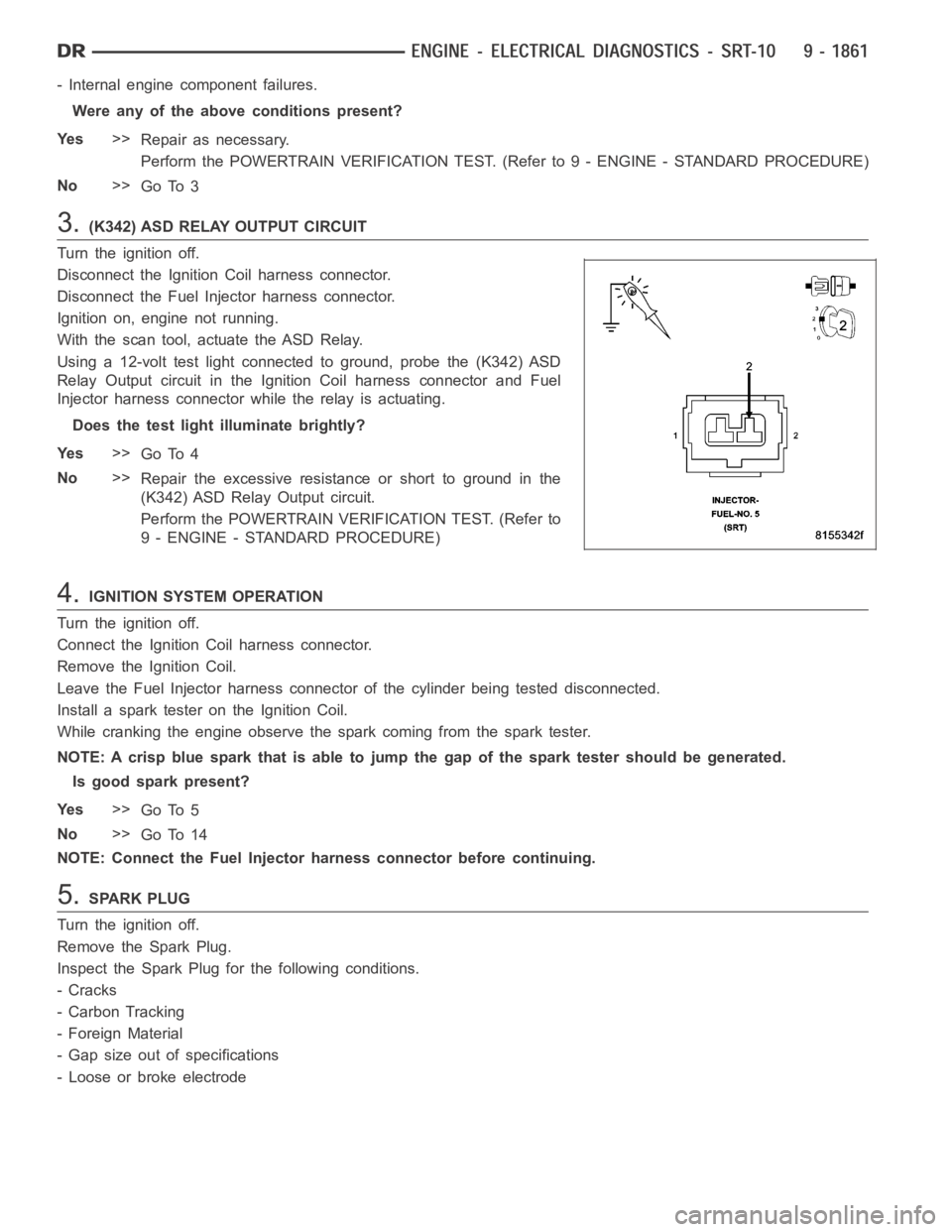 DODGE RAM SRT-10 2006 Service Repair Manual - Internal engine component failures.
Were any of the above conditions present?
Ye s>>
Repair as necessary.
Perform the POWERTRAIN VERIFICATION TEST. (Refer to 9 - ENGINE - STANDARD PROCEDURE)
No>>
Go DODGE RAM SRT-10 2006 Service Repair Manual - Internal engine component failures.
Were any of the above conditions present?
Ye s>>
Repair as necessary.
Perform the POWERTRAIN VERIFICATION TEST. (Refer to 9 - ENGINE - STANDARD PROCEDURE)
No>>
Go