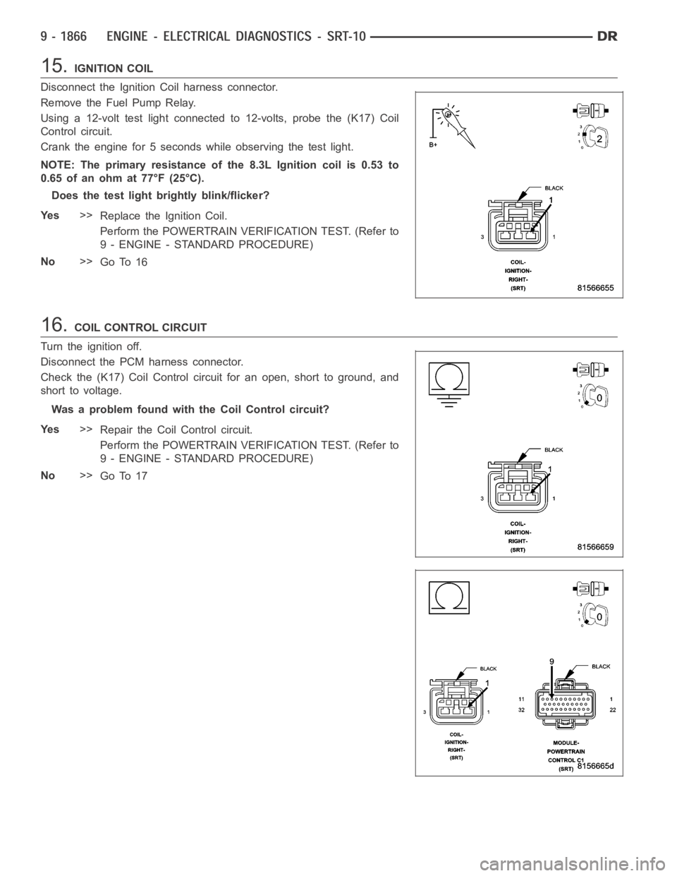DODGE RAM SRT-10 2006  Service Repair Manual 15.IGNITION COIL
Disconnect the Ignition Coil harness connector.
Remove the Fuel Pump Relay.
Using a 12-volt test light connected to 12-volts, probe the (K17) Coil
Control circuit.
Crank the engine fo