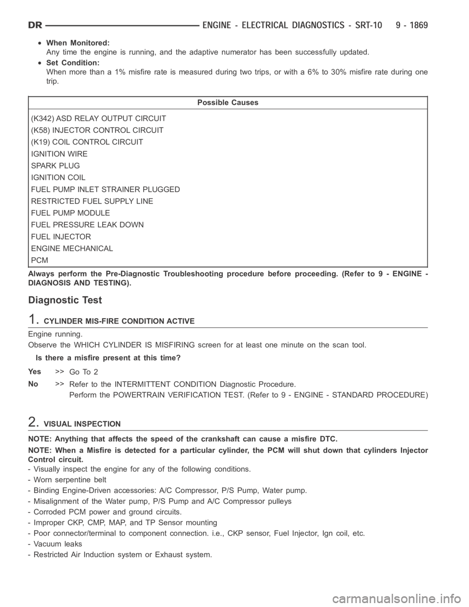 DODGE RAM SRT-10 2006  Service Repair Manual When Monitored:
Any time the engine is running, and the adaptive numerator has been successfully updated.
Set Condition:
When more than a 1% misfire rate is measured during two trips, or with a 6% to 