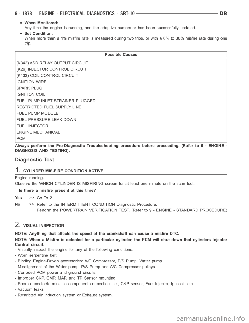 DODGE RAM SRT-10 2006  Service Repair Manual When Monitored:
Any time the engine is running, and the adaptive numerator has been successfully updated.
Set Condition:
When more than a 1% misfire rate is measured during two trips, or with a 6% to 